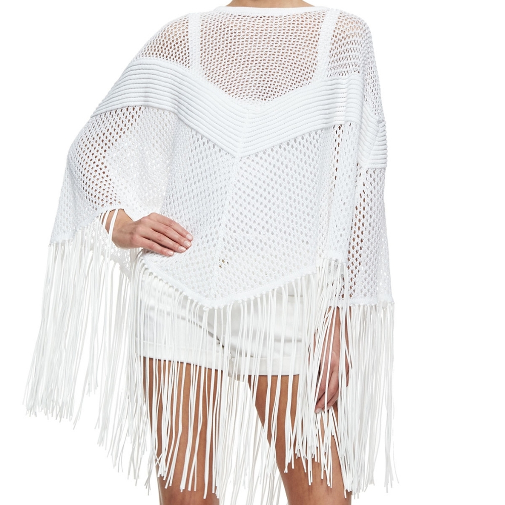 Ph5 White Poncho Knit Macrame Fringe